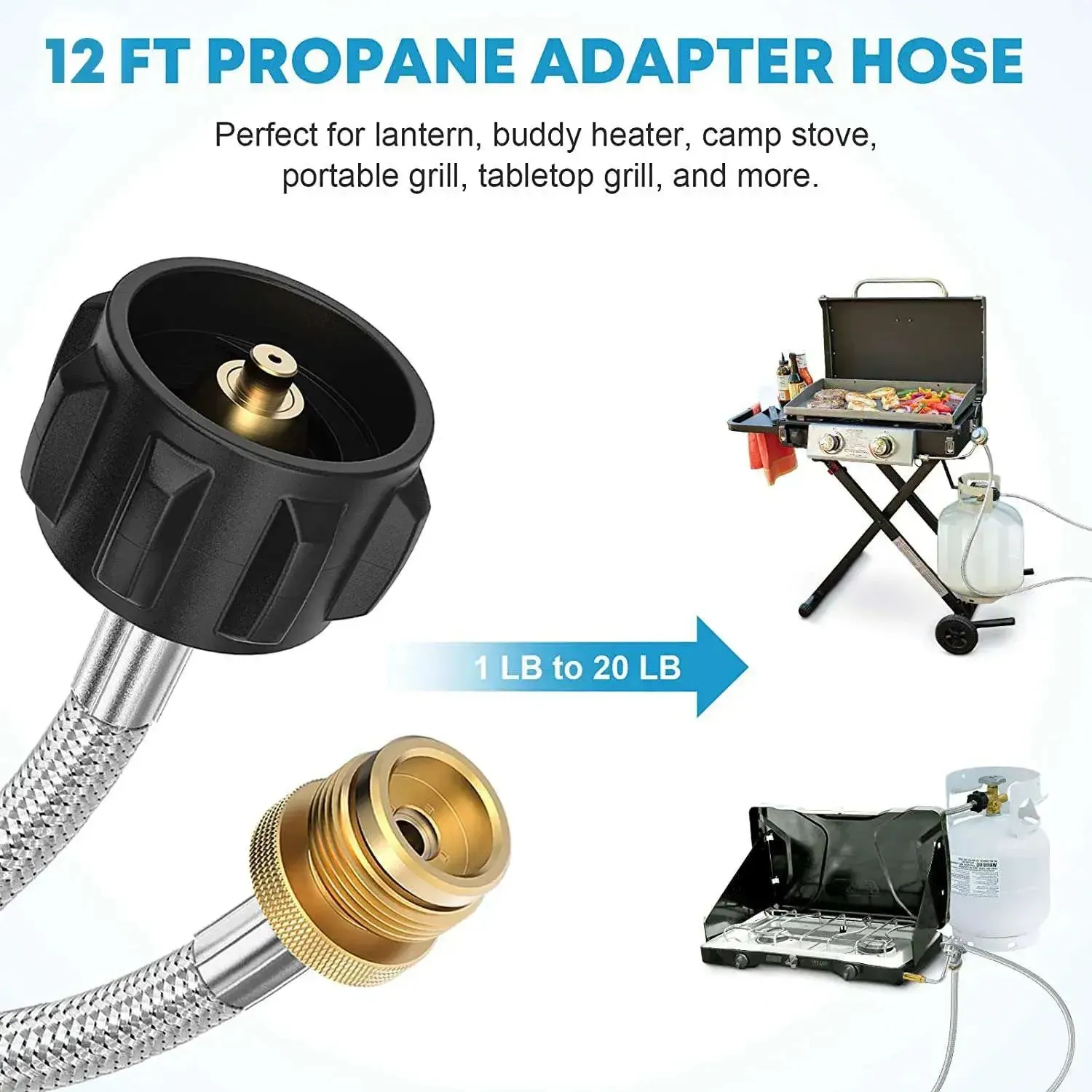 12 ft Propane Adapter Hose 1 lb to 20 lb