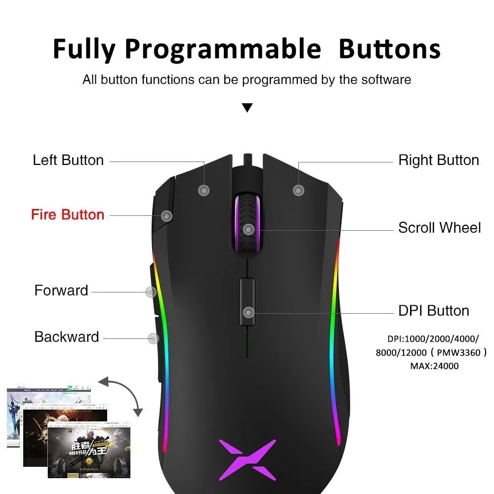 12000 DPI 7 Programmable Buttons RGB Gaming Mouse