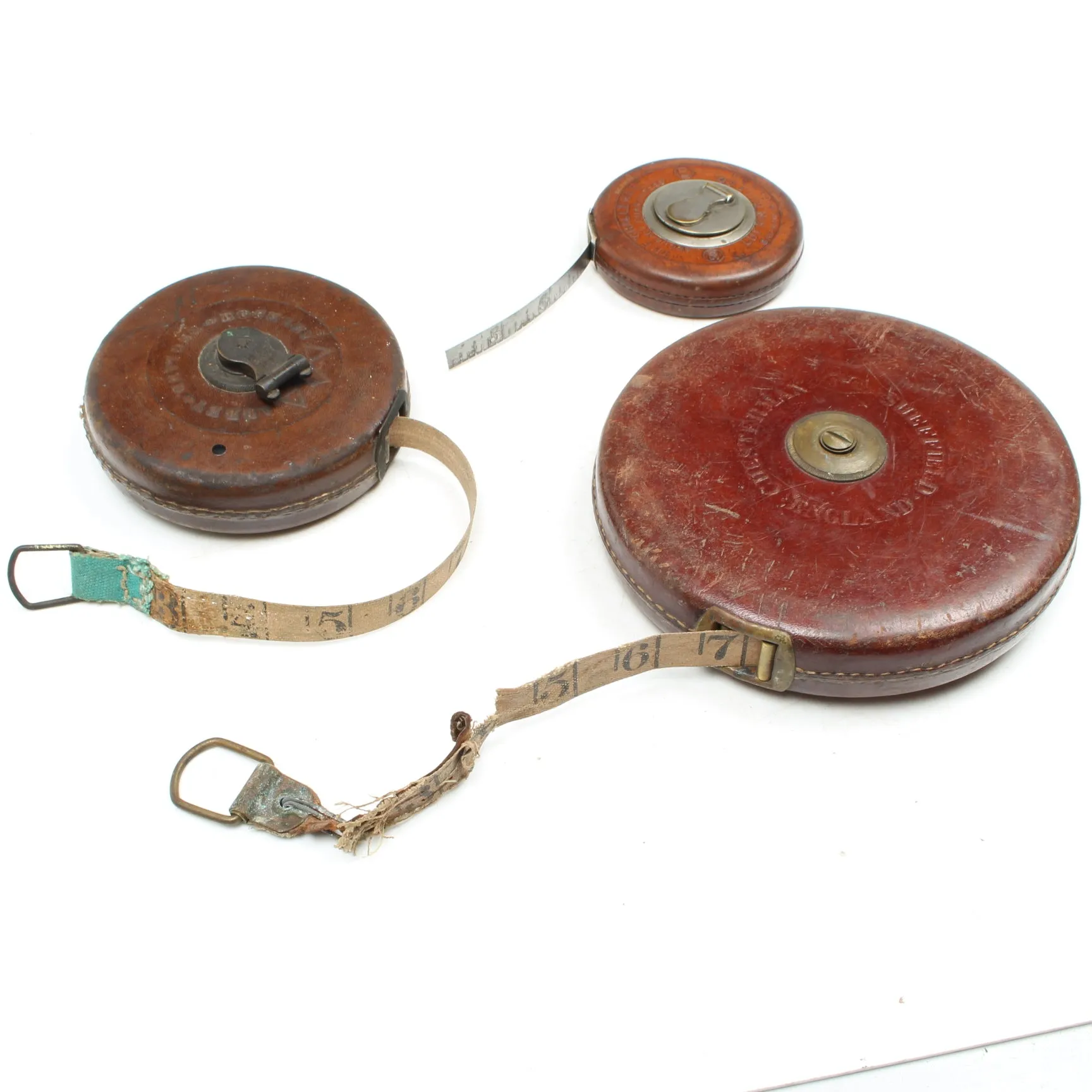 3x Old Leather Tape Measures (Display/Prop)