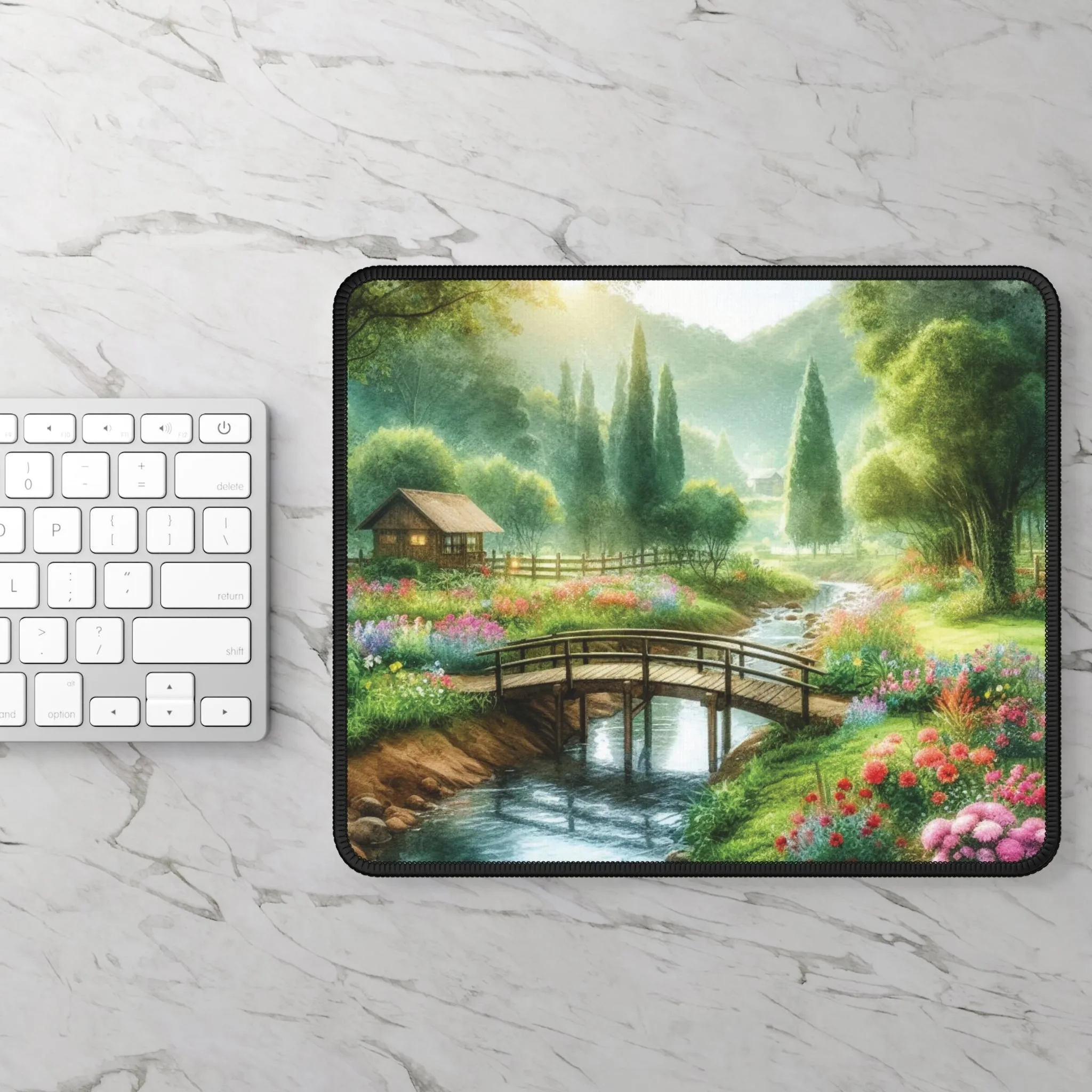 A cute forest and a small hut in spring Gaming Mouse Pad