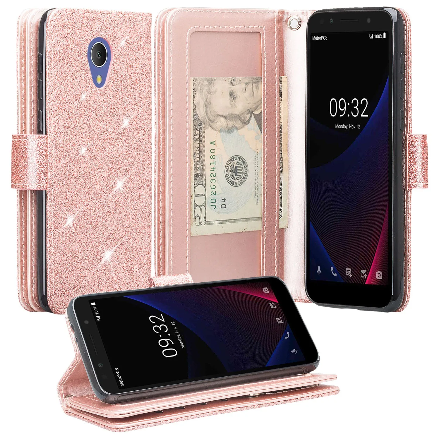 Alcatel 1x Evolve, TCL LX, Avalon V, IdealXTRA Glitter Faux Leather Flip Credit Card Holder Wrist Strap Shockproof Protective Wallet Case Clutch - Rose Gold