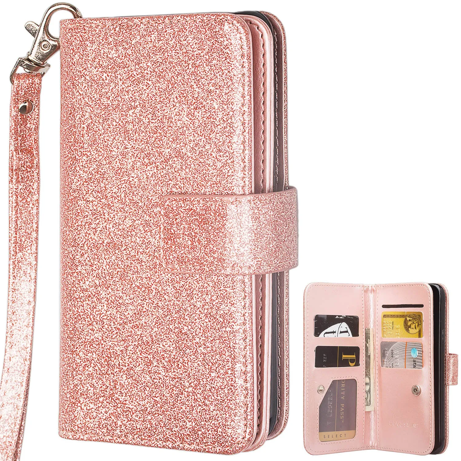 Alcatel 1x Evolve, TCL LX, Avalon V, IdealXTRA Glitter Faux Leather Flip Credit Card Holder Wrist Strap Shockproof Protective Wallet Case Clutch - Rose Gold