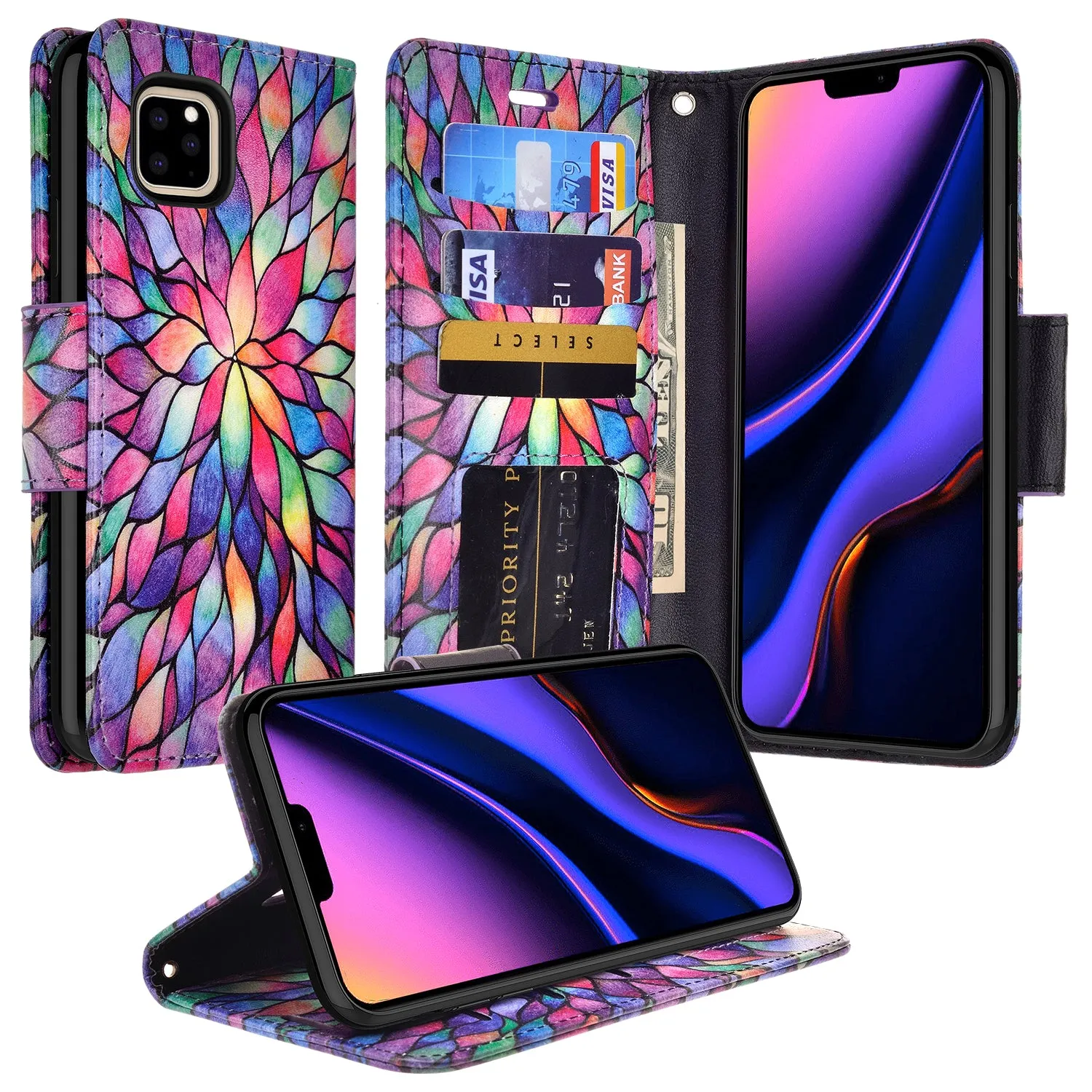 Apple iPhone 11 Case, iPhone 11 Wallet Case, Wrist Strap Pu Leather Wallet Case [Kickstand] with ID & Credit Card Slots - Rainbow Flower