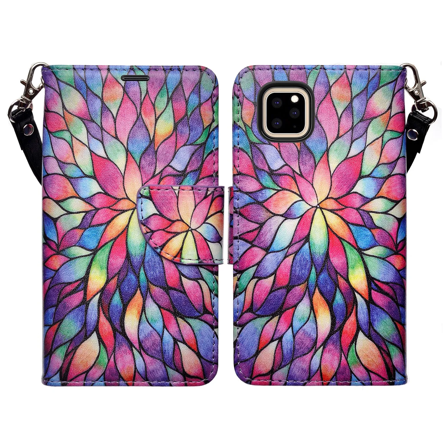 Apple iPhone 11 Case, iPhone 11 Wallet Case, Wrist Strap Pu Leather Wallet Case [Kickstand] with ID & Credit Card Slots - Rainbow Flower