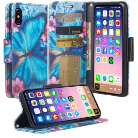 Apple iPhone ??? | iPhone Ten Case, iPhone ??? | iPhone Ten Wallet Case, Slim Flip Folio [Kickstand] Pu Leather Wallet Case with ID & Card Slots & Pocket   Wrist Strap - Blue Butterfly