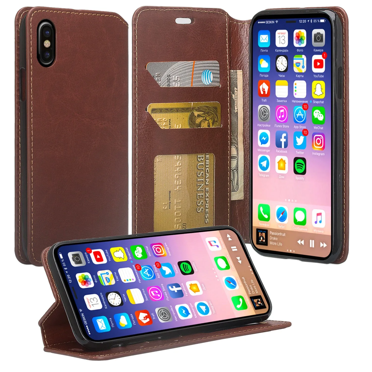 Apple iPhone X, Iphone 10 Case, Faux Leather Magnetic Flip Fold [Kickstand] Protective Wallet Case Cover - Brown