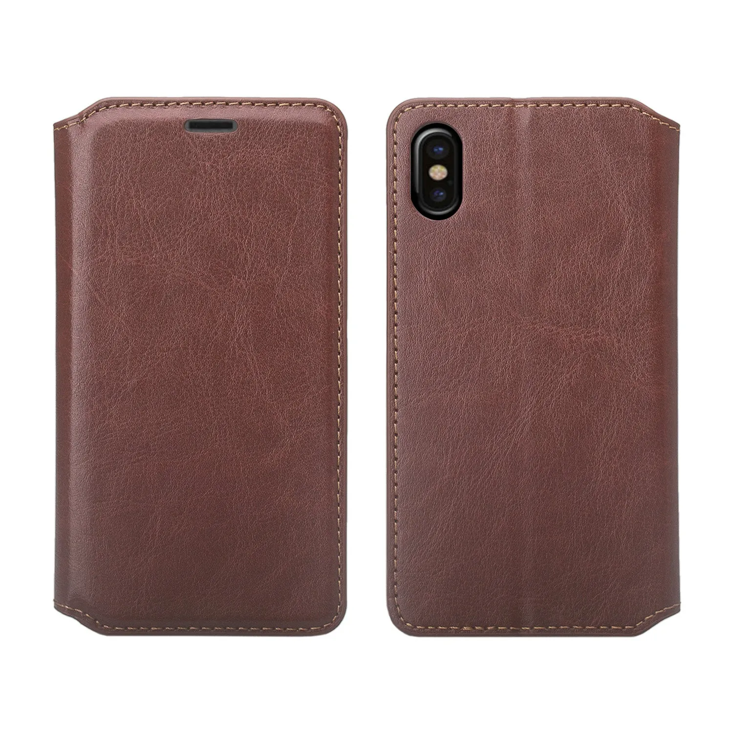 Apple iPhone X, Iphone 10 Case, Faux Leather Magnetic Flip Fold [Kickstand] Protective Wallet Case Cover - Brown