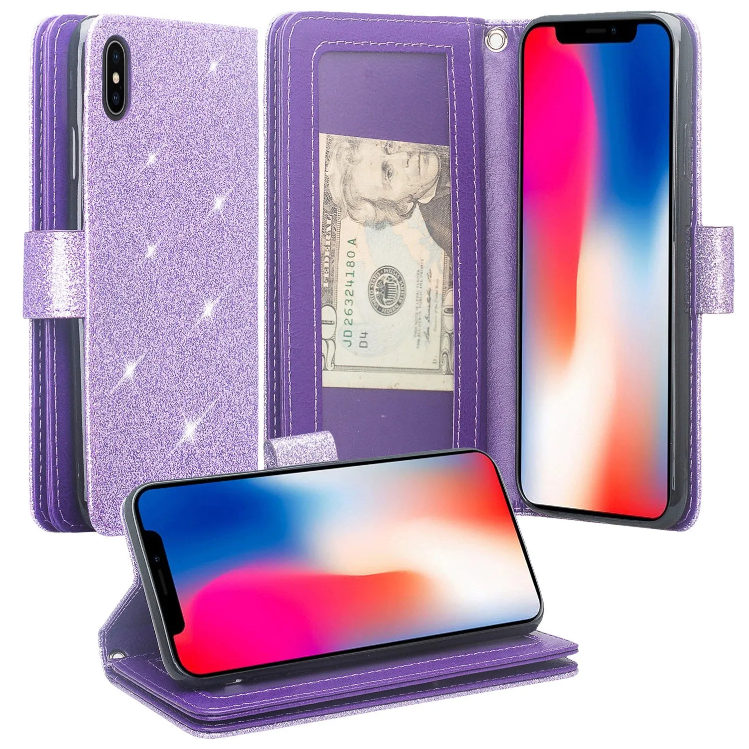 Apple iPhone XR Case, Apple A1984, [Wrist Strap] Glitter Faux Leather Flip [Kickstand Feature] Protective Wallet Case Clutch - Purple