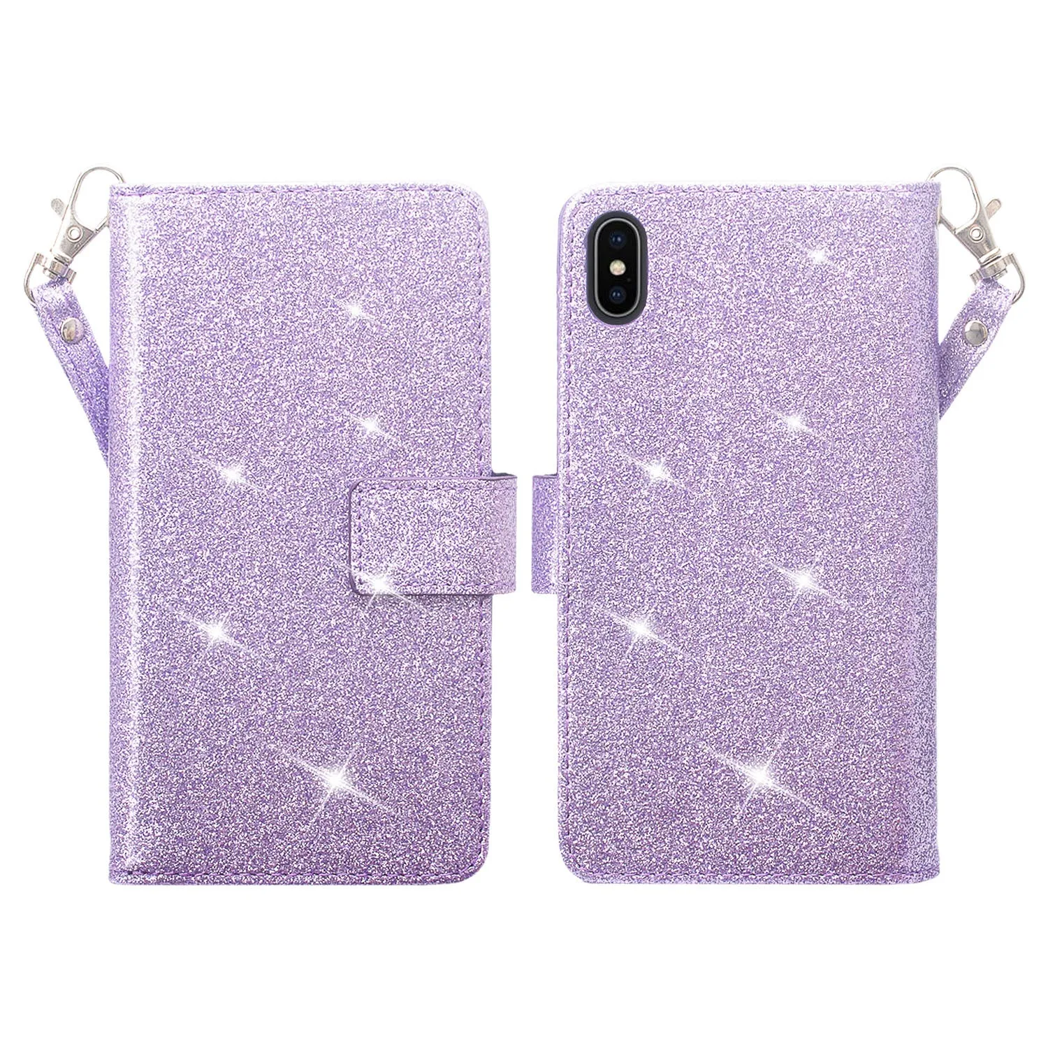 Apple iPhone XR Case, Apple A1984, [Wrist Strap] Glitter Faux Leather Flip [Kickstand Feature] Protective Wallet Case Clutch - Purple