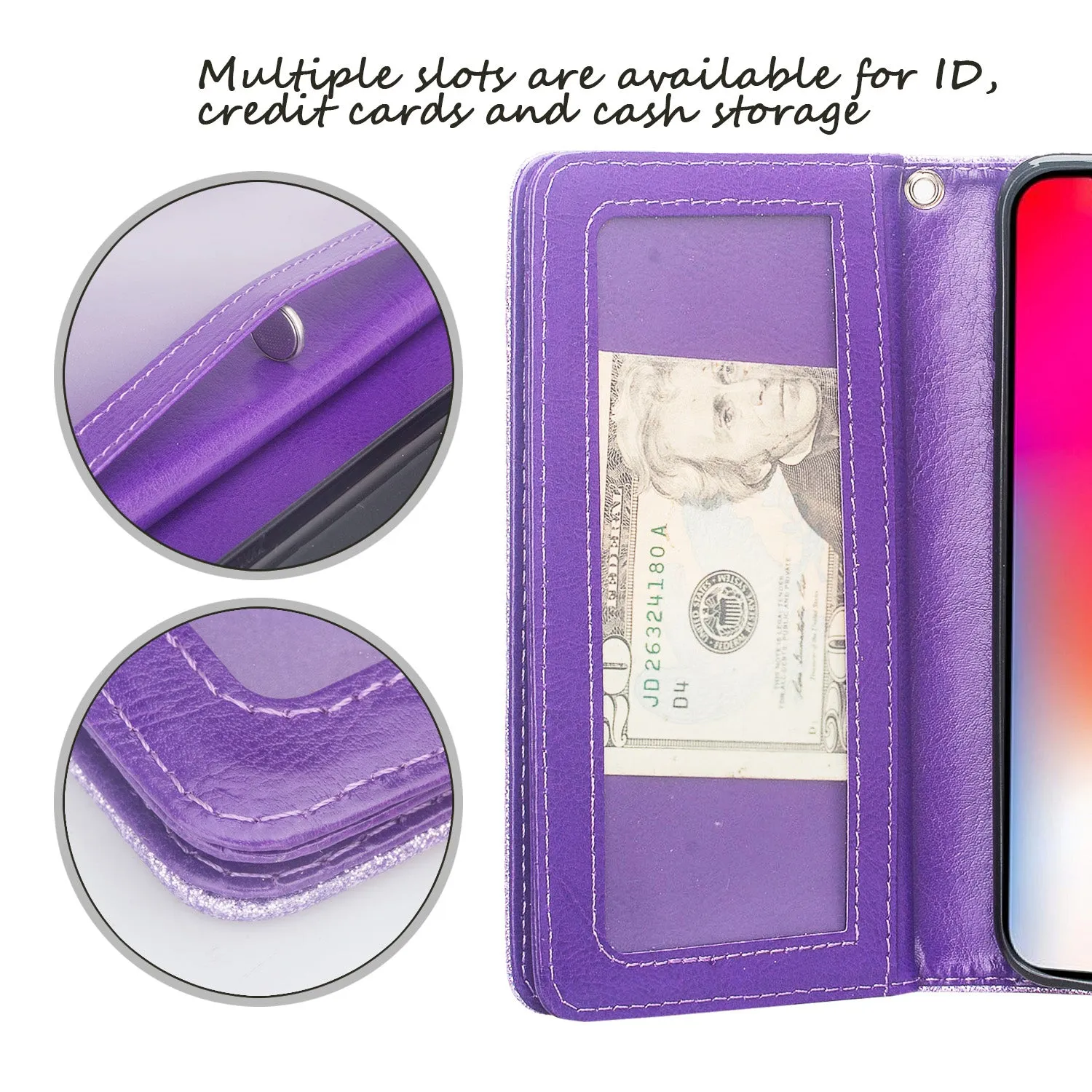 Apple iPhone XR Case, Apple A1984, [Wrist Strap] Glitter Faux Leather Flip [Kickstand Feature] Protective Wallet Case Clutch - Purple