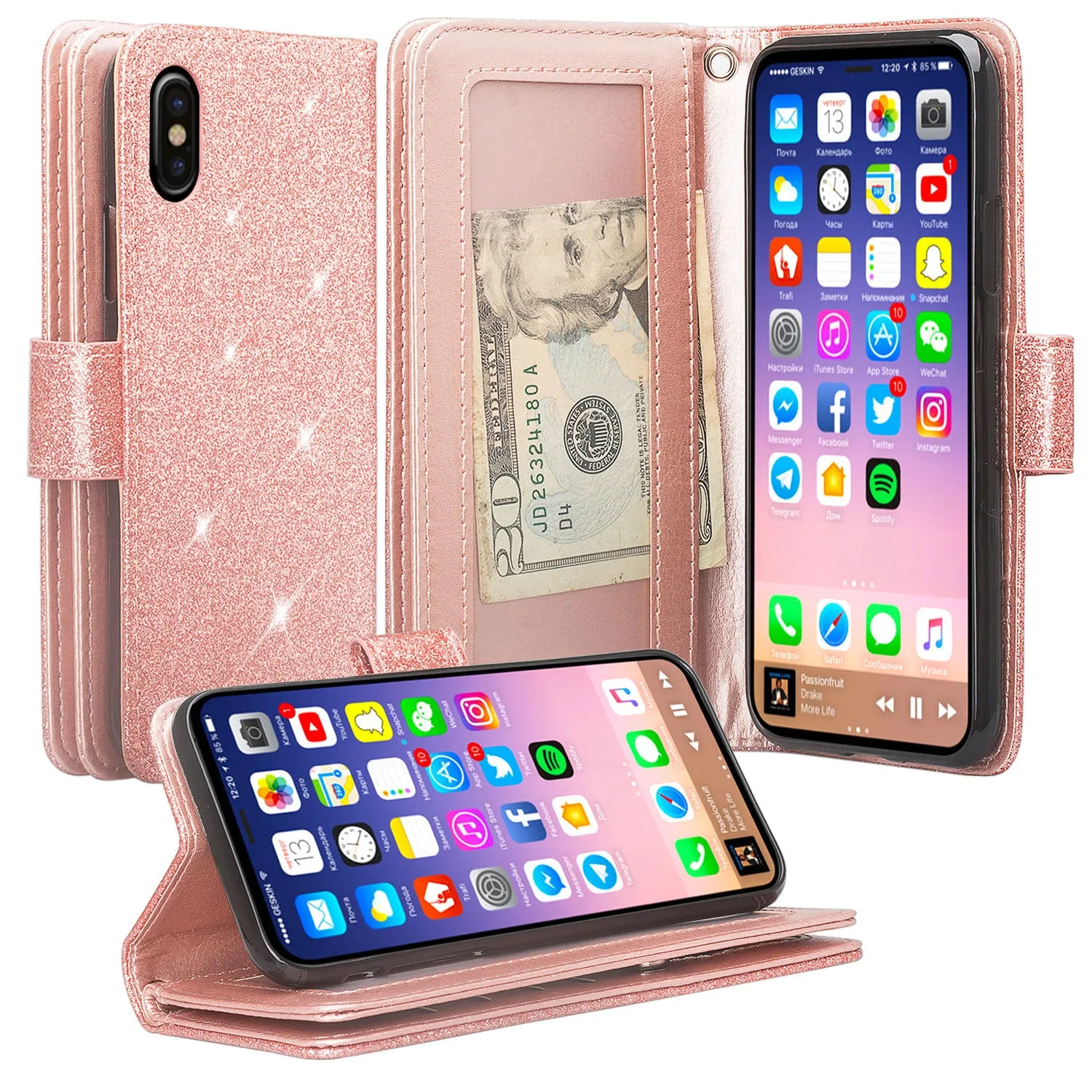 Apple iPhone XS Max Case, Apple A1921, [Wrist Strap] Glitter Faux Leather Flip [Kickstand Feature] Protective Wallet Case Clutch - Rose Gold