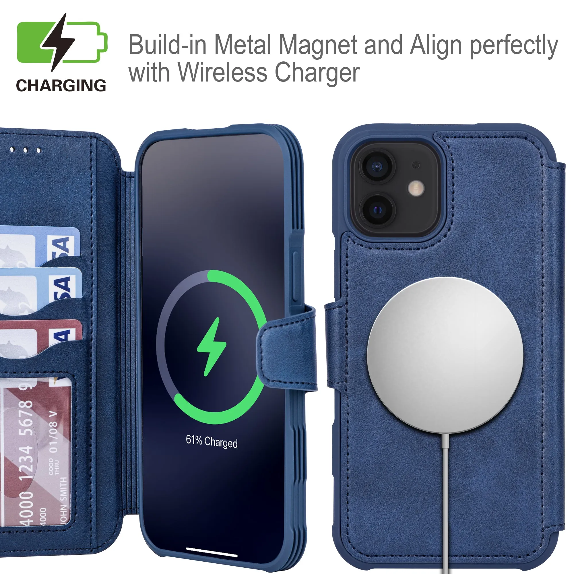 Arae Compatible with iPhone 12 Case and iPhone 12 Pro Case Wallet [Magnetic Wireless Charge] with Card Holder [RFID Blocking] for iPhone 12/12 Pro