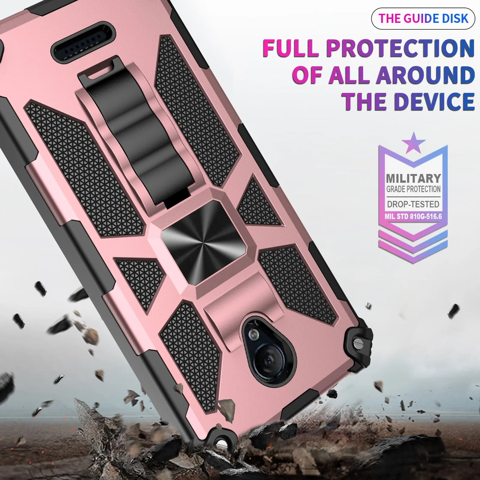 AT&T Fusion Z / Motivate Case [Military Grade] Ring Car Mount Kickstand Hybrid Hard PC Soft TPU Shockproof Protective Case - Rose Gold