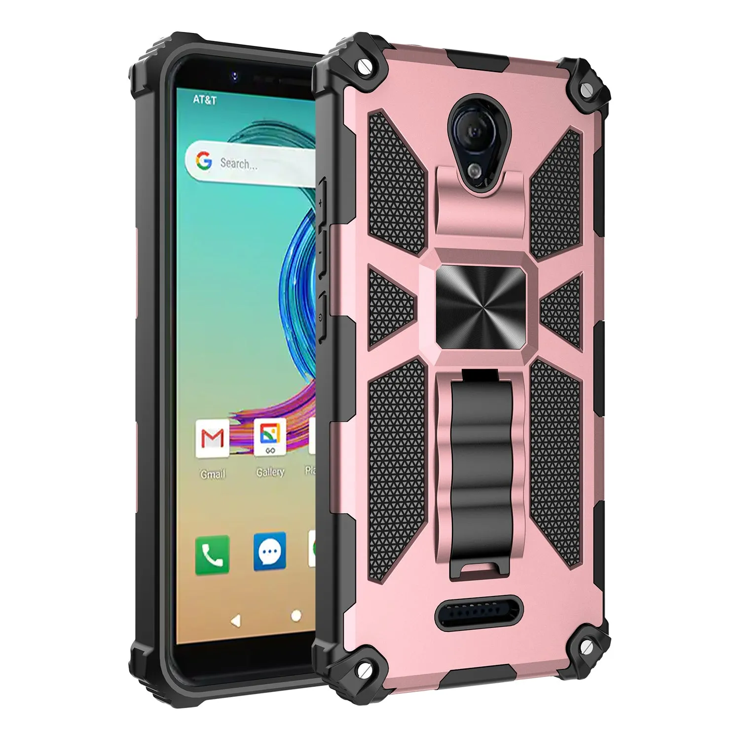 AT&T Fusion Z / Motivate Case [Military Grade] Ring Car Mount Kickstand Hybrid Hard PC Soft TPU Shockproof Protective Case - Rose Gold