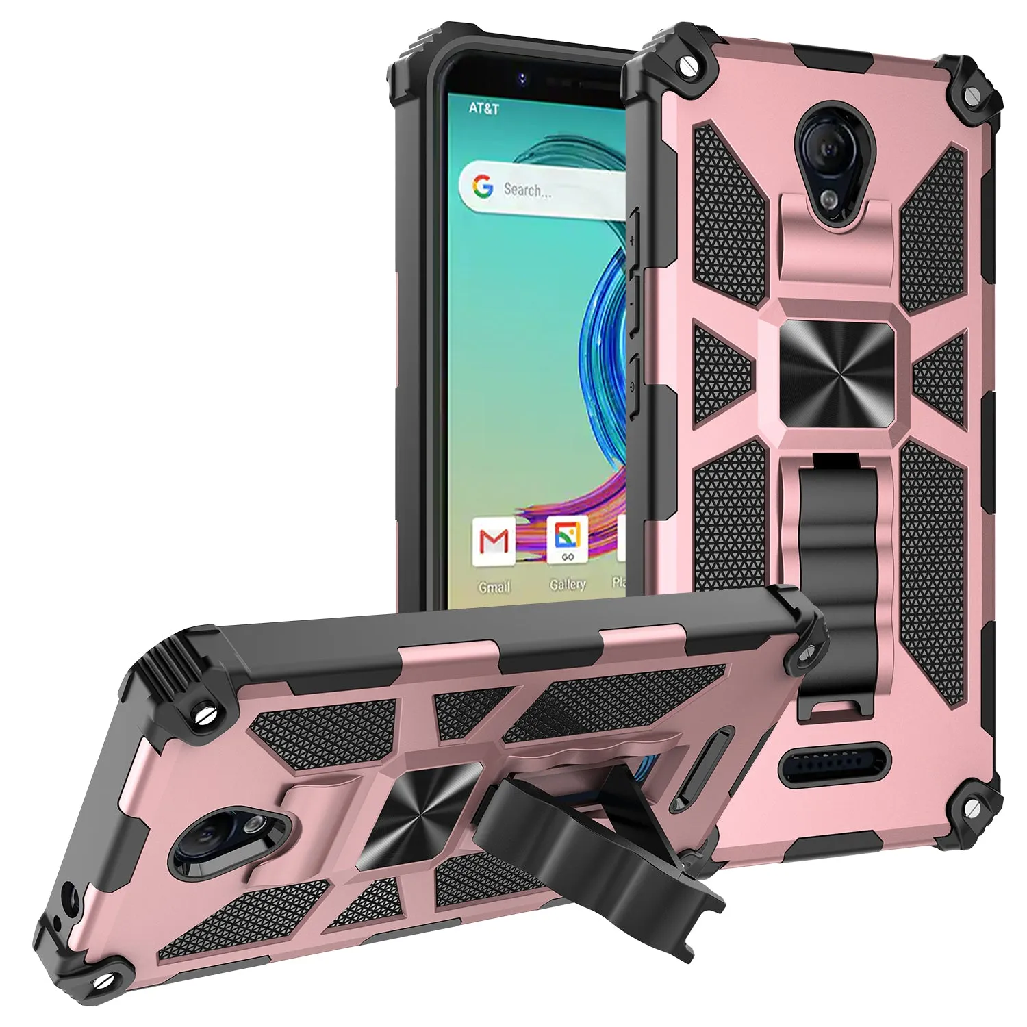 AT&T Fusion Z / Motivate Case [Military Grade] Ring Car Mount Kickstand Hybrid Hard PC Soft TPU Shockproof Protective Case - Rose Gold