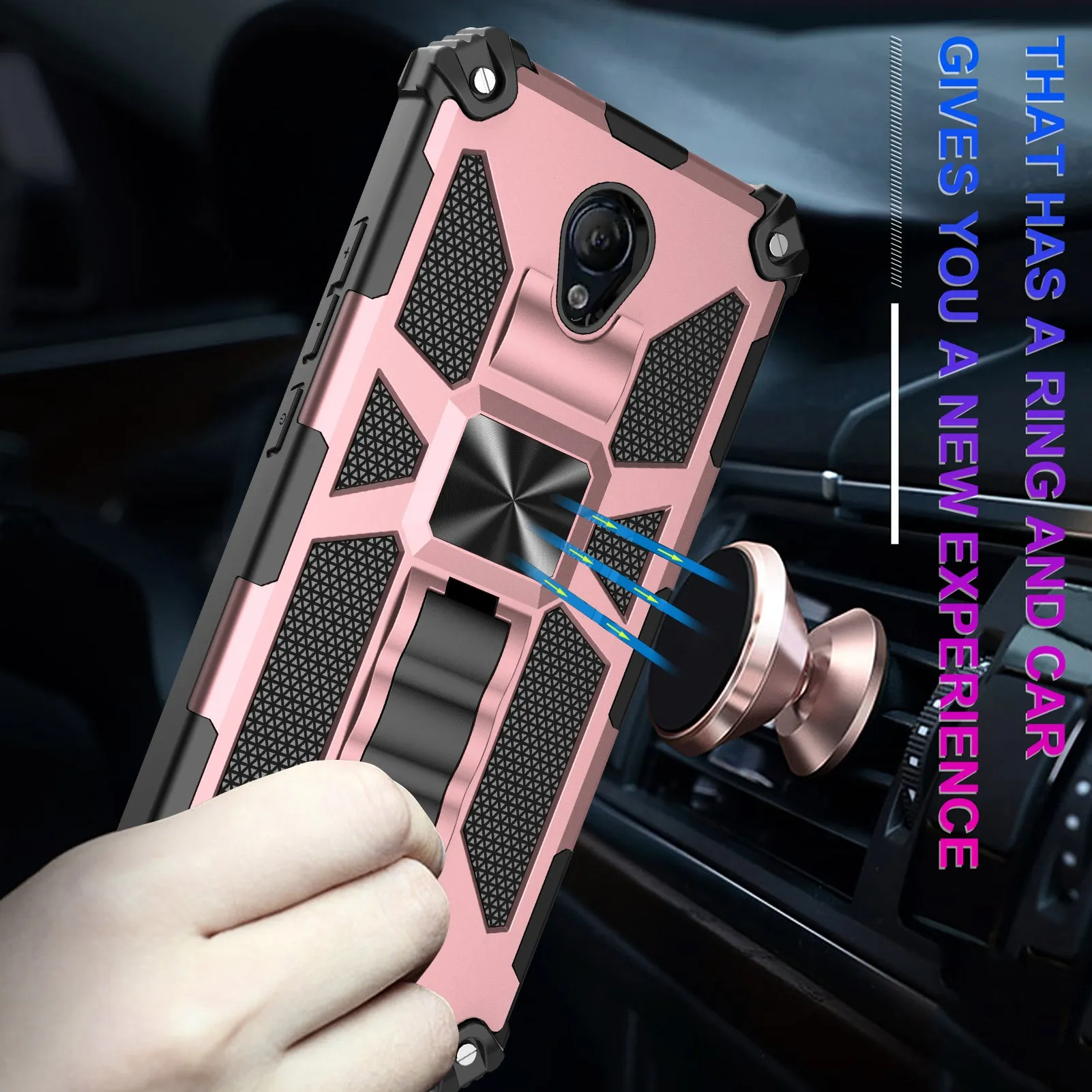 AT&T Fusion Z / Motivate Case [Military Grade] Ring Car Mount Kickstand Hybrid Hard PC Soft TPU Shockproof Protective Case - Rose Gold