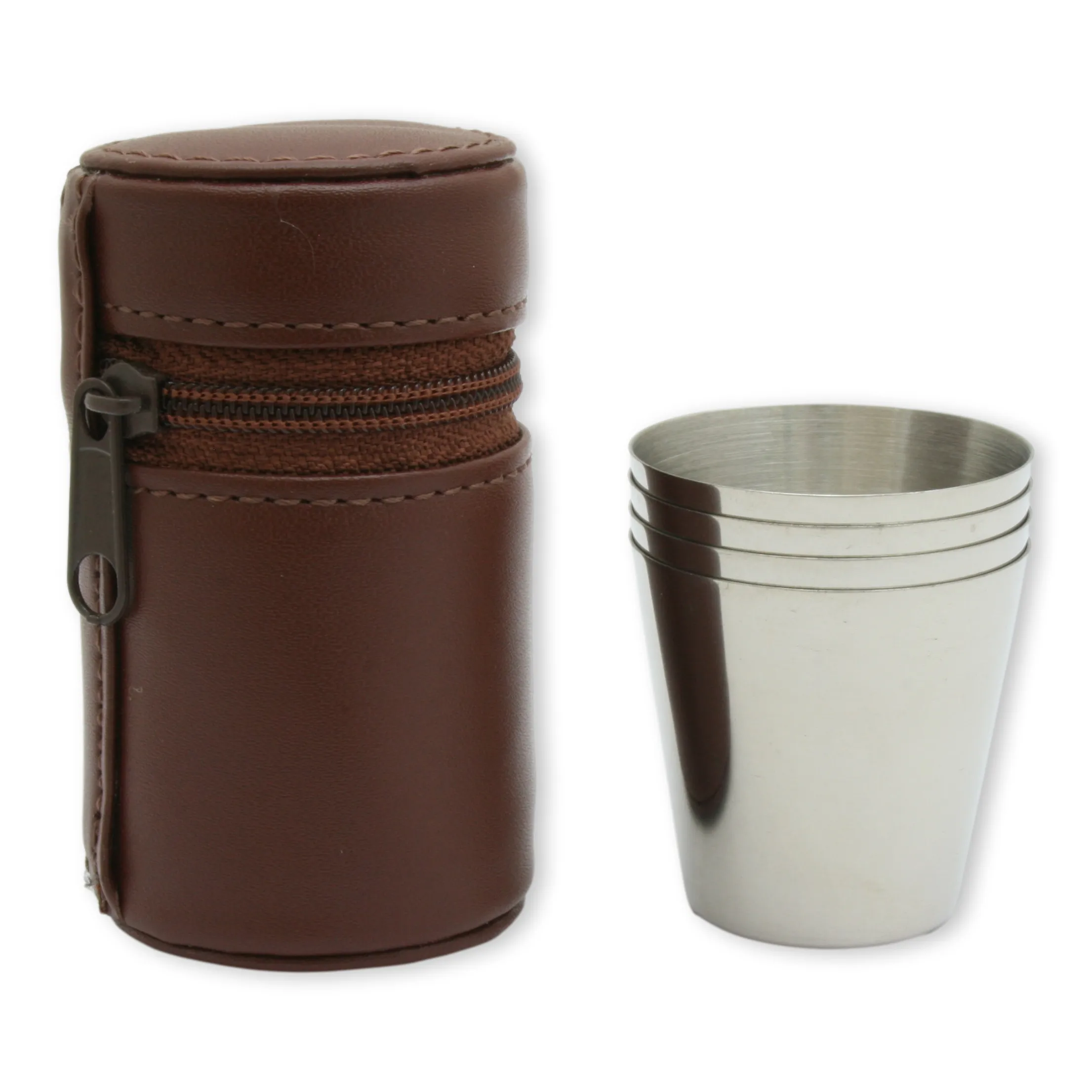 Brown Leather Cased 6oz Hip Flask & 4 x Stacking Stirrup Cups in Leather Case