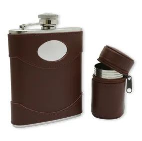 Brown Leather Cased 6oz Hip Flask & 4 x Stacking Stirrup Cups in Leather Case