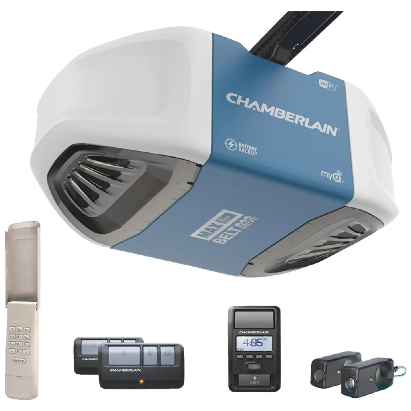 Chamberlain 1-1/4 HP Smartphone-Controlled Ultra-Quiet & Strong Belt Drive Garage Door Opener with Built-In WiFi, Battery Backup and MAX Lifting Power