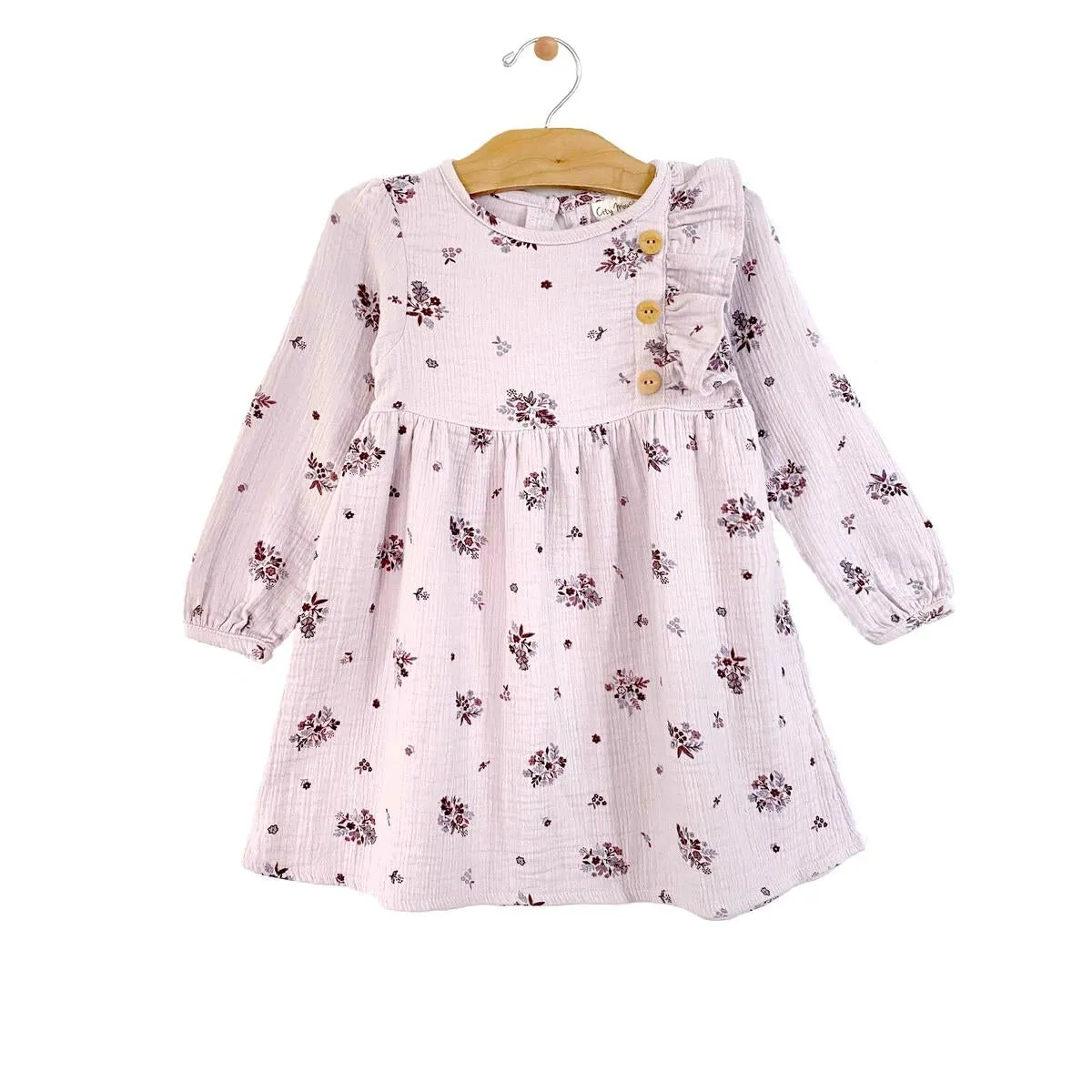 City Mouse Side Button Crinkle Cotton Dress - Lilac Floral