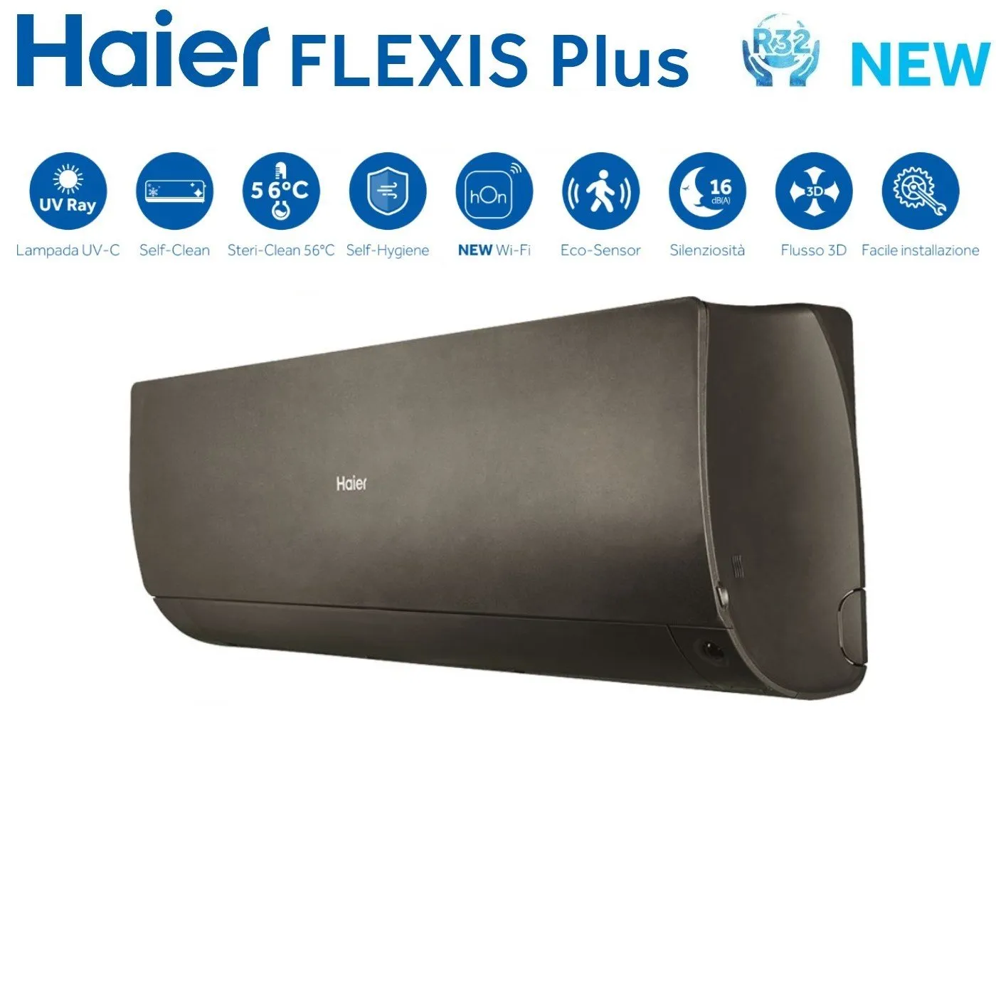 Climatizzatore Condizionatore Haier Dual Split Inverter serie FLEXIS PLUS BLACK 9 12 con 2U50S2SM1FA R-32 Wi-Fi Integrato Colore Nero 9000 12000