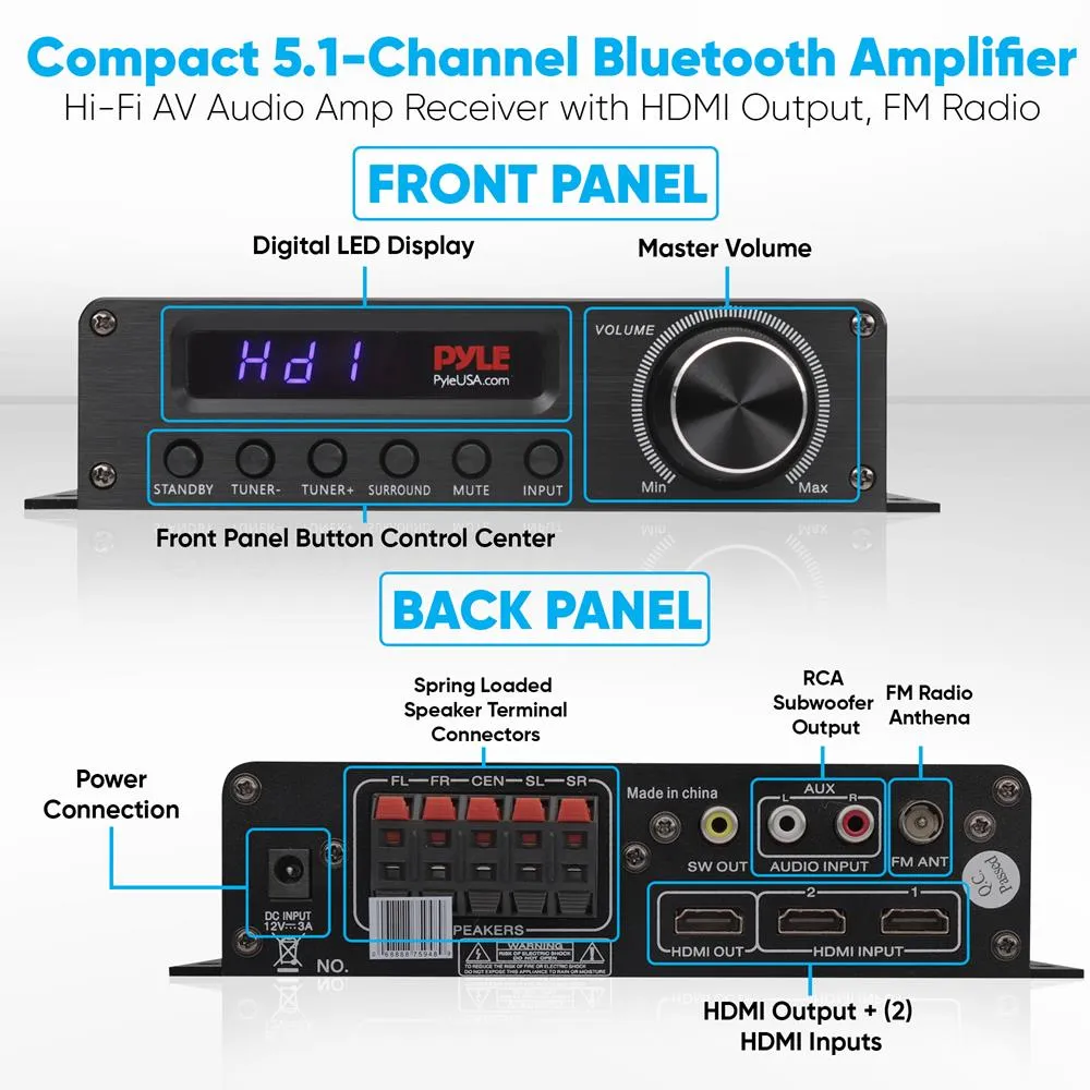 Compact 5.1-Channel Bluetooth Amplifier - Hi-Fi Av Audio Amp Receiver With Hdmi Output, Fm Radio W/ Digital Led Display (100 Watt)