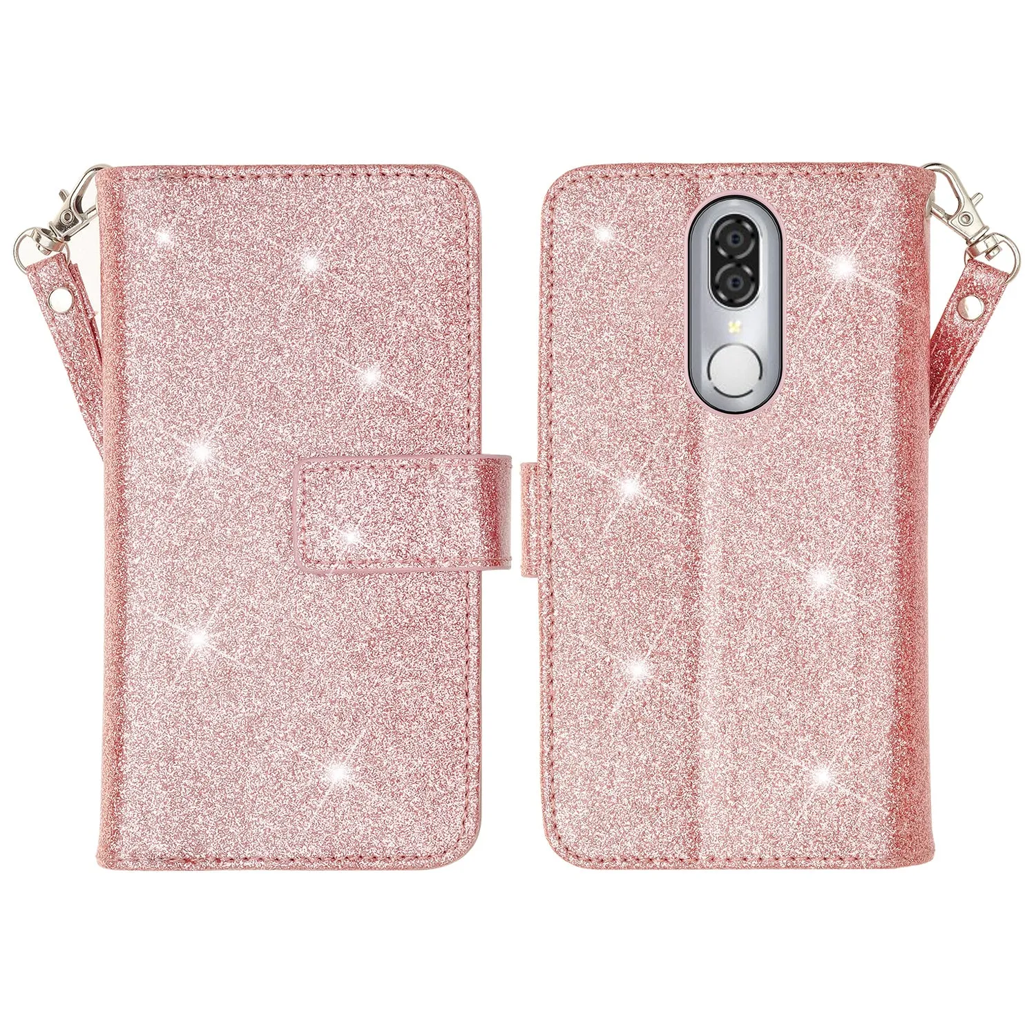 Coolpad Legacy Case, Coolpad Legacy Case, Glitter Faux Leather Flip Credit Card Holder Wrist Strap Shockproof Protective Wallet Case Clutch for Coolpad Legacy - Rose Gold