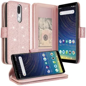 Coolpad Legacy Case, Coolpad Legacy Case, Glitter Faux Leather Flip Credit Card Holder Wrist Strap Shockproof Protective Wallet Case Clutch for Coolpad Legacy - Rose Gold