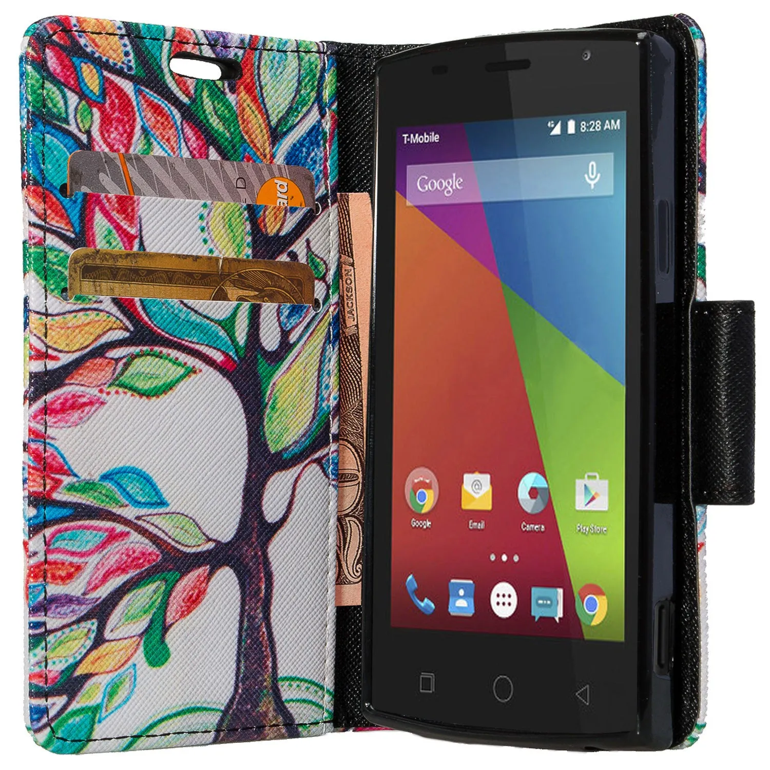 Coolpad Rogue Case,  Wrist Strap Pu Leather Magnetic Flip Fold[Kickstand] Wallet Case with ID & Card Slots for Coolpad Rogue - Colorful Tree