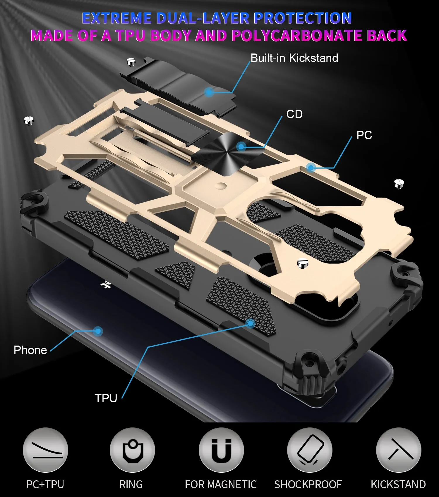 Cricket Influence Case/AT&T Maestro Plus Case [Military Grade] Ring Car Mount Kickstand Hybrid Hard PC Soft TPU Shockproof Protective Case - Gold