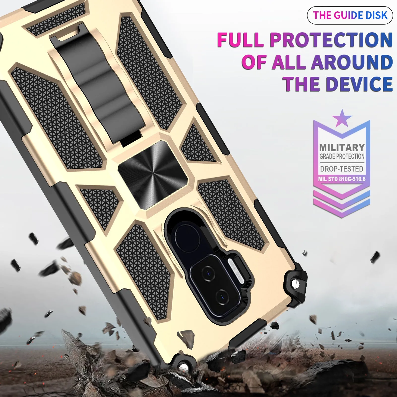 Cricket Influence Case/AT&T Maestro Plus Case [Military Grade] Ring Car Mount Kickstand Hybrid Hard PC Soft TPU Shockproof Protective Case - Gold