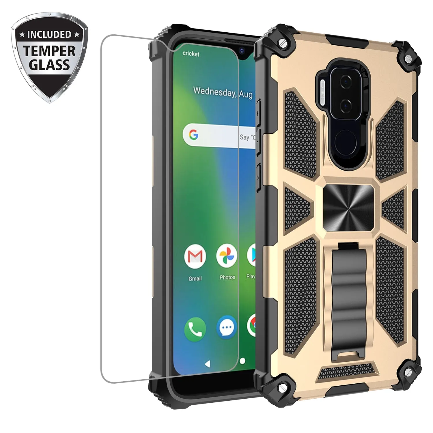 Cricket Influence Case/AT&T Maestro Plus Case [Military Grade] Ring Car Mount Kickstand Hybrid Hard PC Soft TPU Shockproof Protective Case - Gold