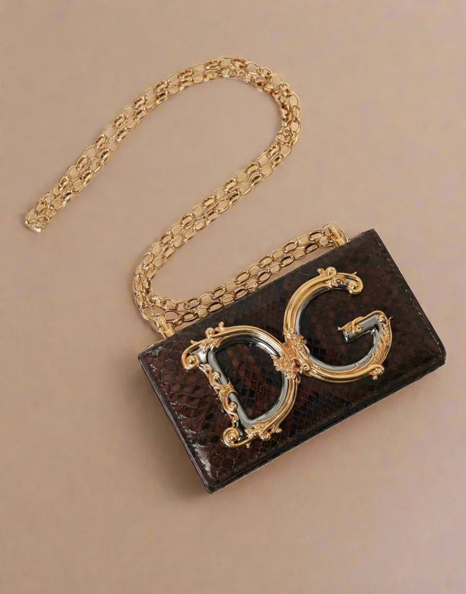 DOLCE & GABBANA Brown Python Leather DG Girls Crossbody Phone Bag