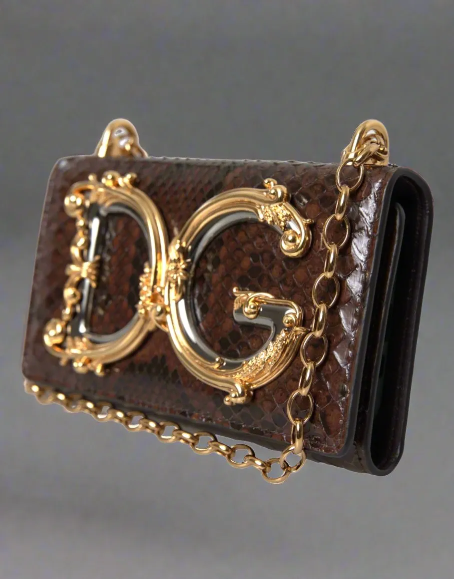 DOLCE & GABBANA Brown Python Leather DG Girls Crossbody Phone Bag