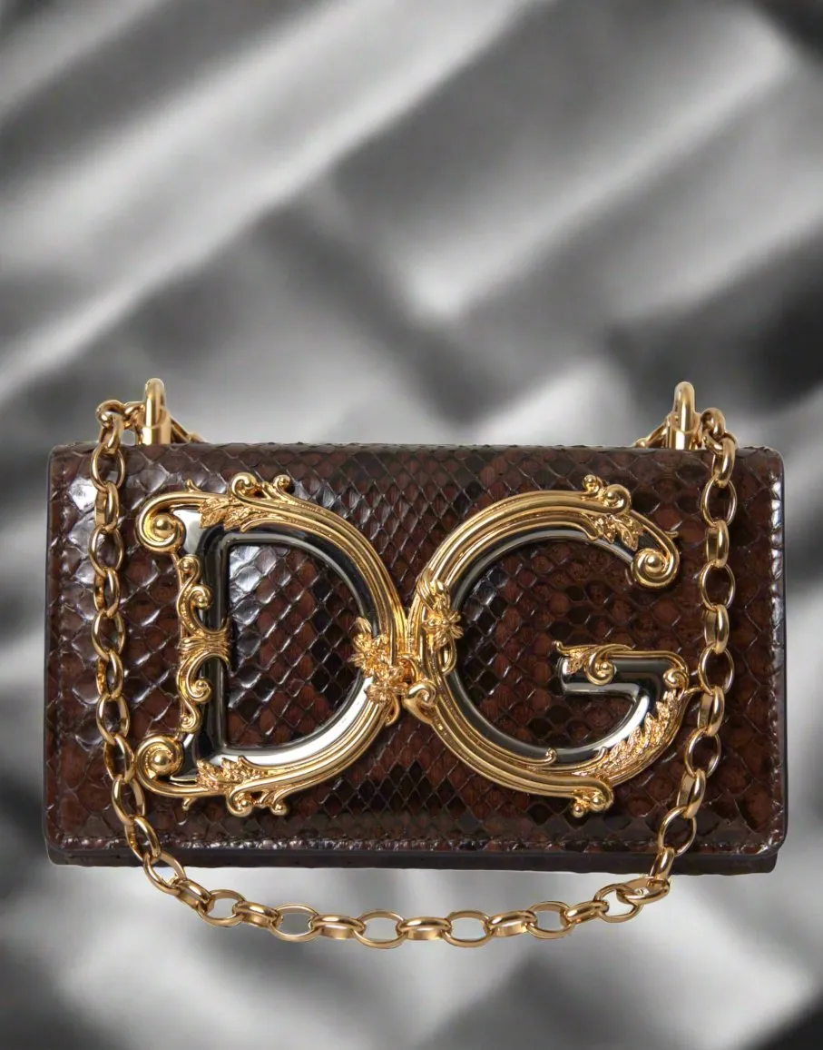 DOLCE & GABBANA Brown Python Leather DG Girls Crossbody Phone Bag