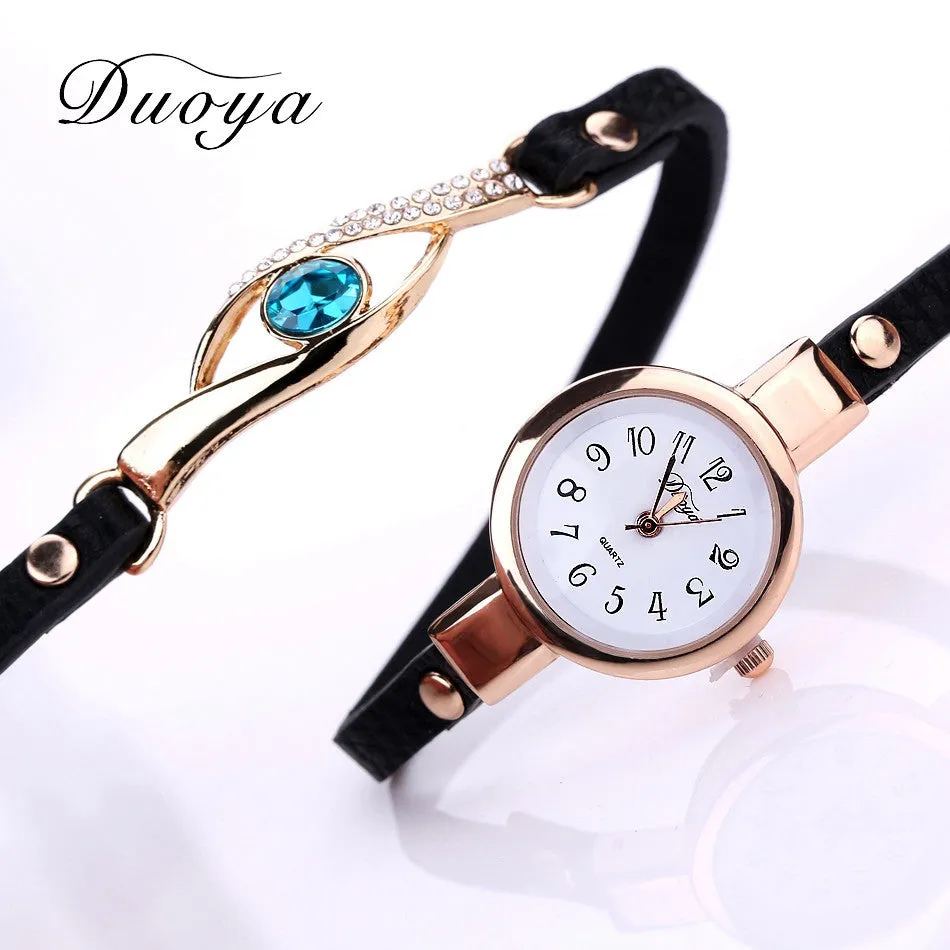 Eye Gemstone Luxury Watches Women Gold Bracelet Watch Leather Electronic Quartz