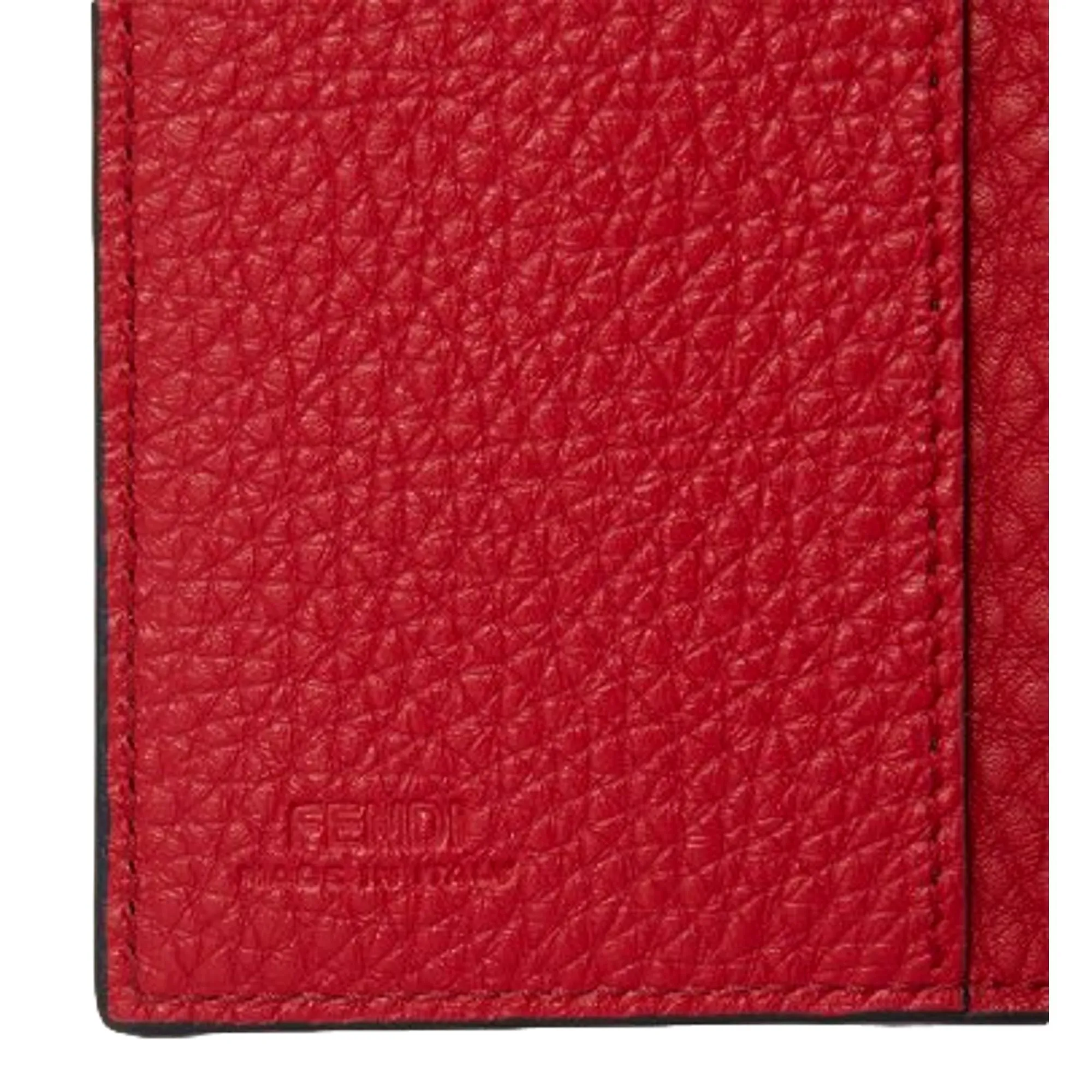 Fendi Red Grained Leather Baguette Logo Card Case Wallet