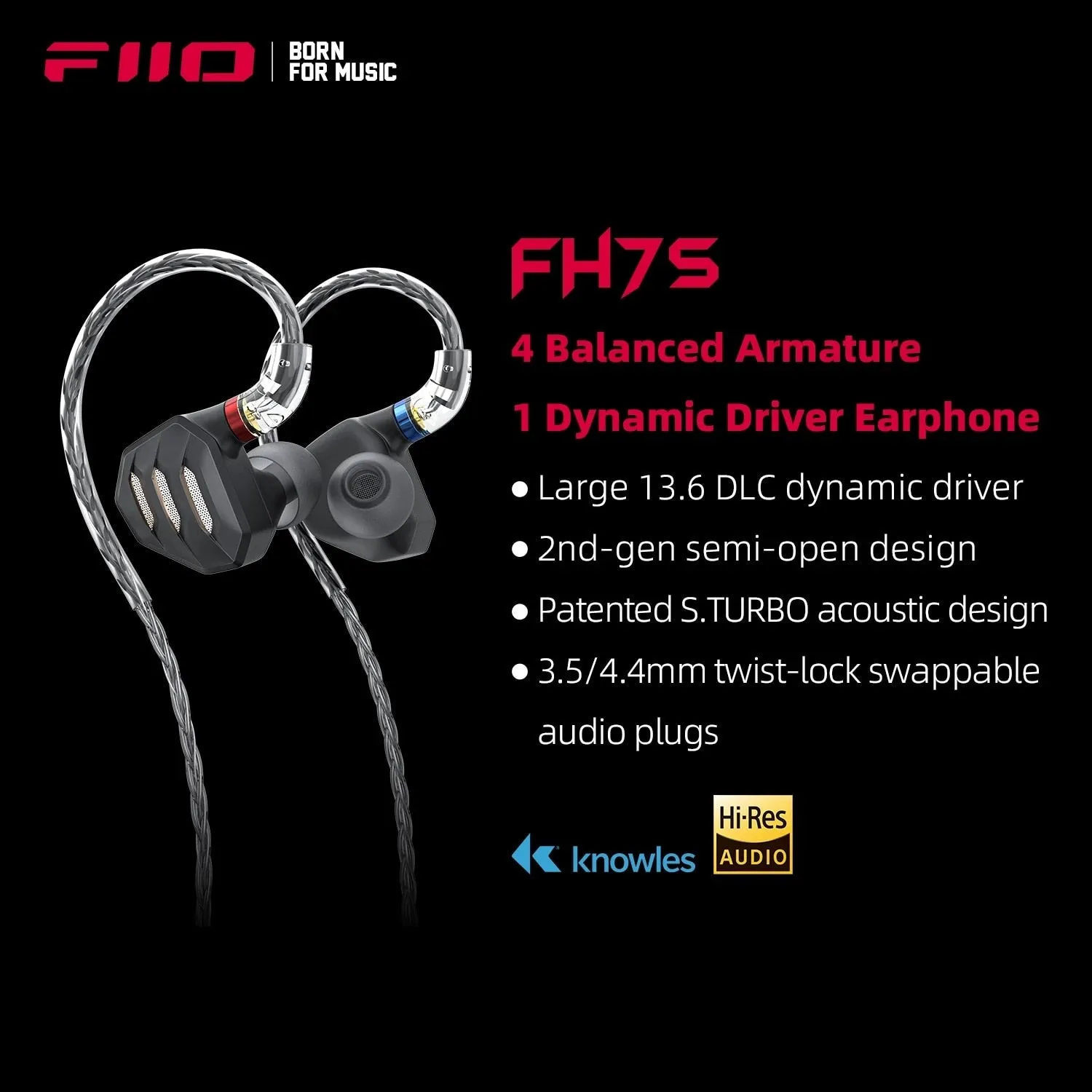 FiiO FH7S 1DD 4BA Hybrid IEMs In-Ear Monitors With 3.5mm & 4.4mm Plugs Expanded MMCX