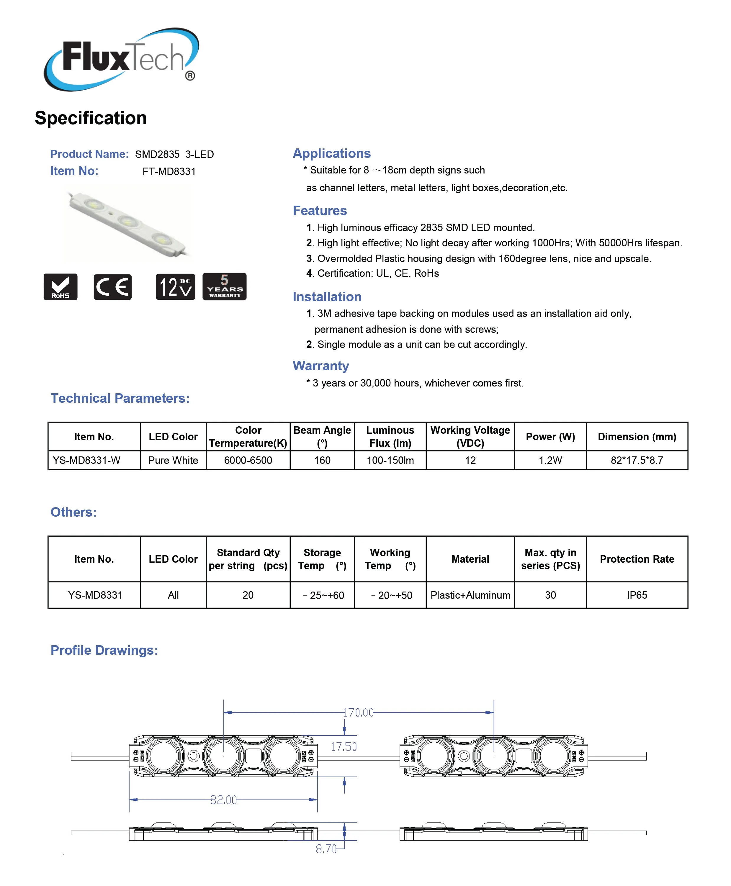 FluxTech - IP65 3 Light LED Module - For Depth Sign, Light Box etc..