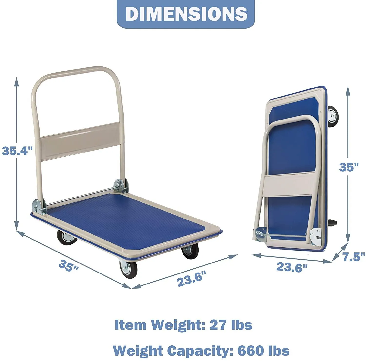 Folding Platform Cart Hand Truck Moving Push Flatbed Dolly Cart for Warehouse Home Office, 660 lbs Weight Capacity