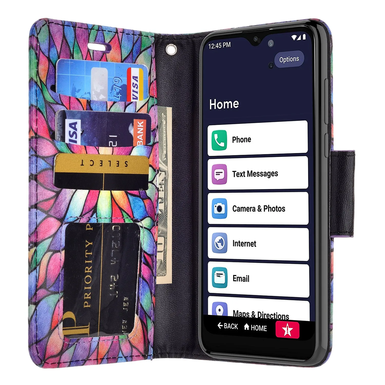 For Alcatel Jitterbug Smart3 Case, Lively Smart Wallet Case, Wrist Strap Pu Leather Wallet Case [Kickstand] with ID & Credit Card Slots - Rainbow Flower