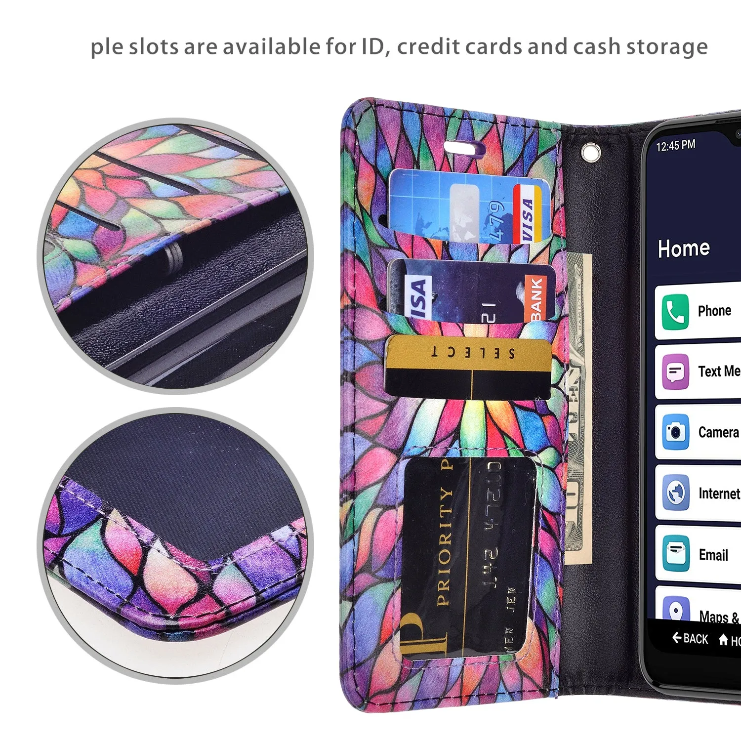 For Alcatel Jitterbug Smart3 Case, Lively Smart Wallet Case, Wrist Strap Pu Leather Wallet Case [Kickstand] with ID & Credit Card Slots - Rainbow Flower