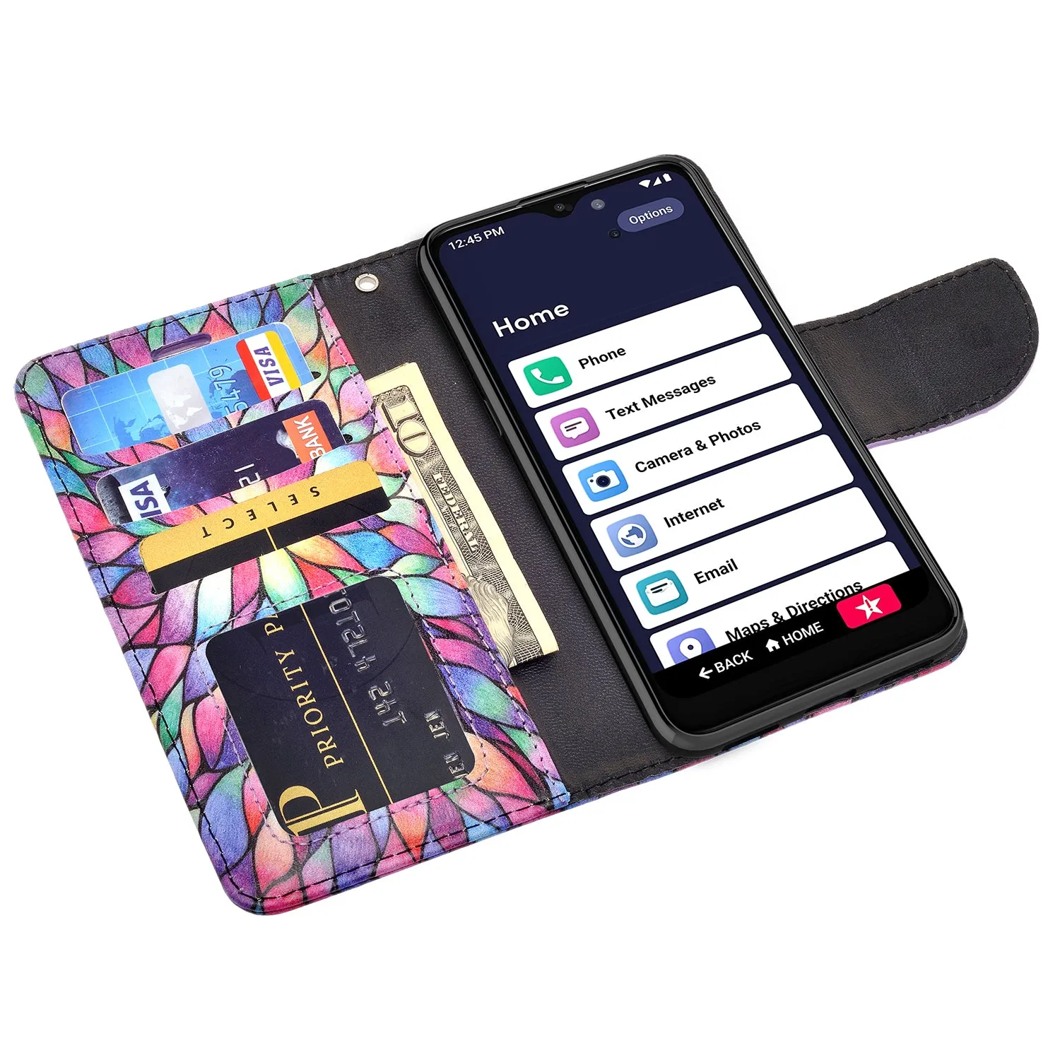 For Alcatel Jitterbug Smart3 Case, Lively Smart Wallet Case, Wrist Strap Pu Leather Wallet Case [Kickstand] with ID & Credit Card Slots - Rainbow Flower