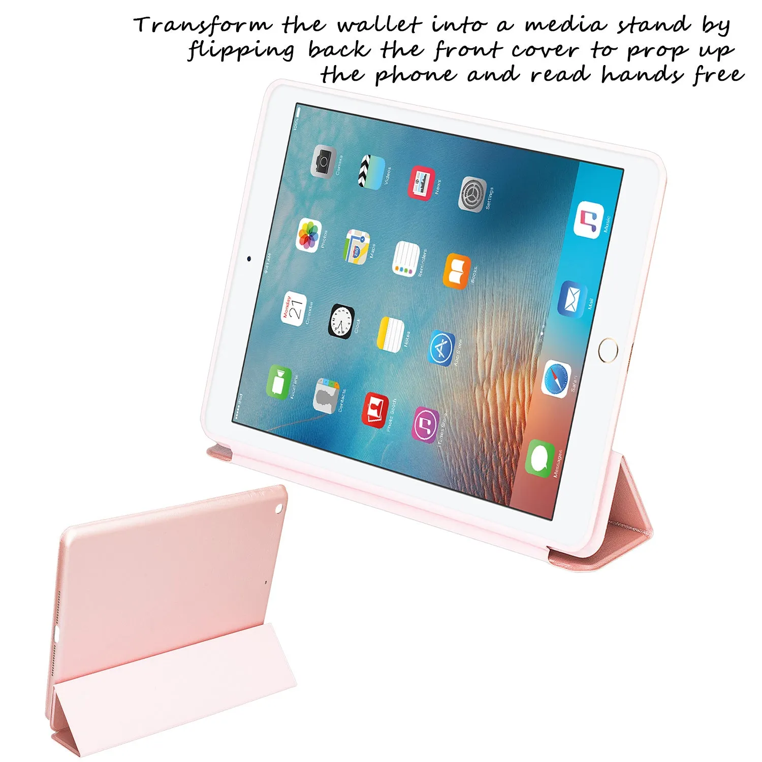 For Apple iPad 9.7 Inch 2017 - Premium PU Leather Folio Smart Cover w/Auto Sleep/Wake for iPad 9.7 In 2017 Release - Rose Gold