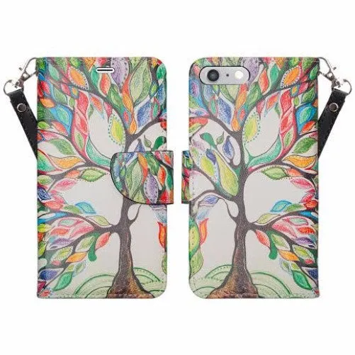 For Apple iPhone 7 Case,  Wrist Strap Pu Leather Magnetic Flip Fold[Kickstand] Wallet Case with ID & Card Slots for Iphone 7 - Colorful Tree