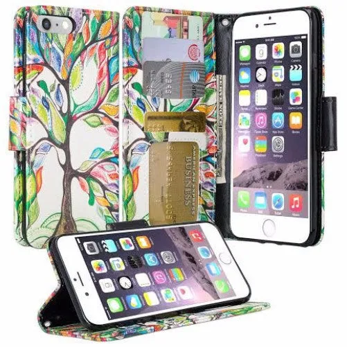 For Apple iPhone 7 Case,  Wrist Strap Pu Leather Magnetic Flip Fold[Kickstand] Wallet Case with ID & Card Slots for Iphone 7 - Colorful Tree