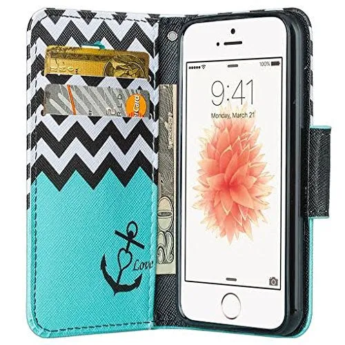 For iPhone SE Case | iPhone 5S/5 Case, Wrist Strap Pu Leather Magnetic Fold Wallet Case[Kickstand] with ID & Card Slots for Apple Iphone SE/5S/5 - Teal Anchor