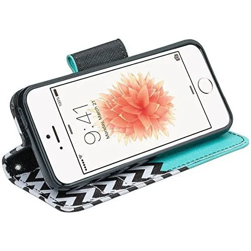 For iPhone SE Case | iPhone 5S/5 Case, Wrist Strap Pu Leather Magnetic Fold Wallet Case[Kickstand] with ID & Card Slots for Apple Iphone SE/5S/5 - Teal Anchor