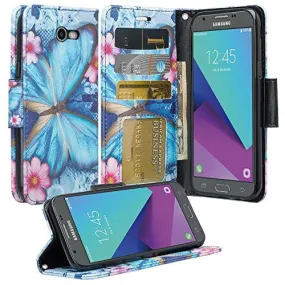 Galaxy J3 Emerge Case, Wrist Strap Magnetic Fold[Kickstand] Pu Leather Wallet Case with ID & Credit Card Slots for Samsung Galaxy J3 Emerge - Midnight Butterfly