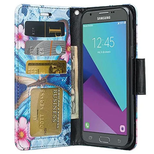 Galaxy J3 Emerge Case, Wrist Strap Magnetic Fold[Kickstand] Pu Leather Wallet Case with ID & Credit Card Slots for Samsung Galaxy J3 Emerge - Midnight Butterfly